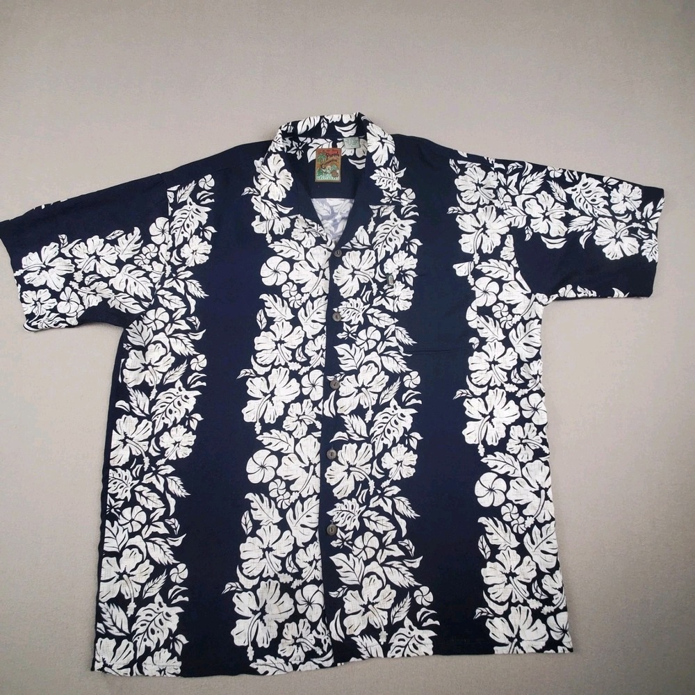 Pineapple Connection Men's Hawaiian Hibiscus Blue Button Up Short Sleeve Shirt L